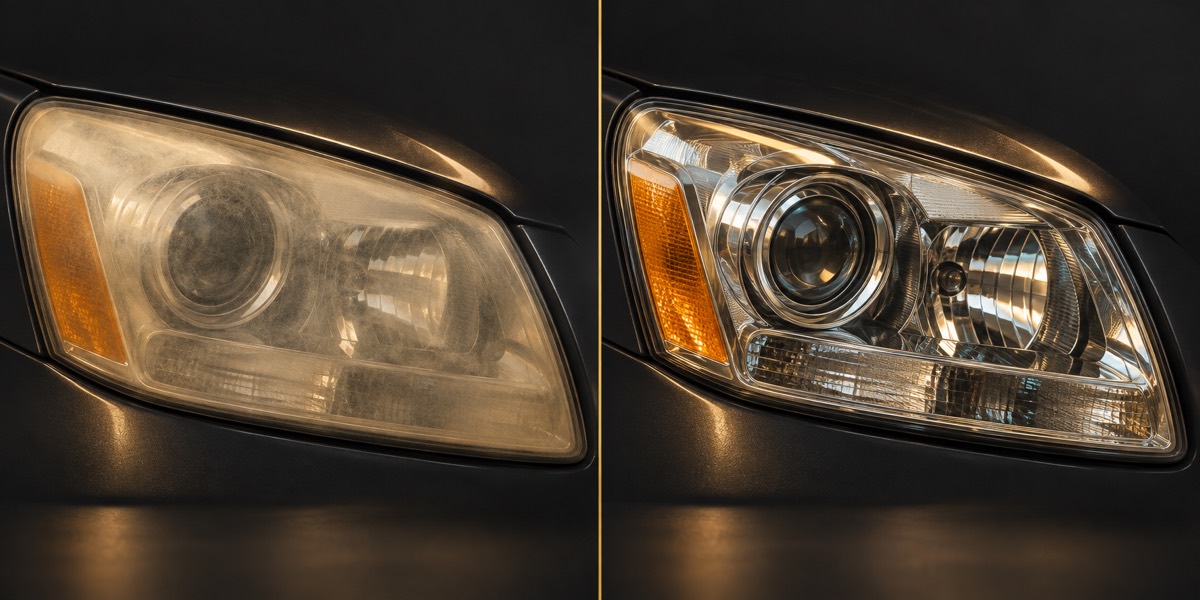 Illustrative comparison of a hazy headlight and a clear restored headlight